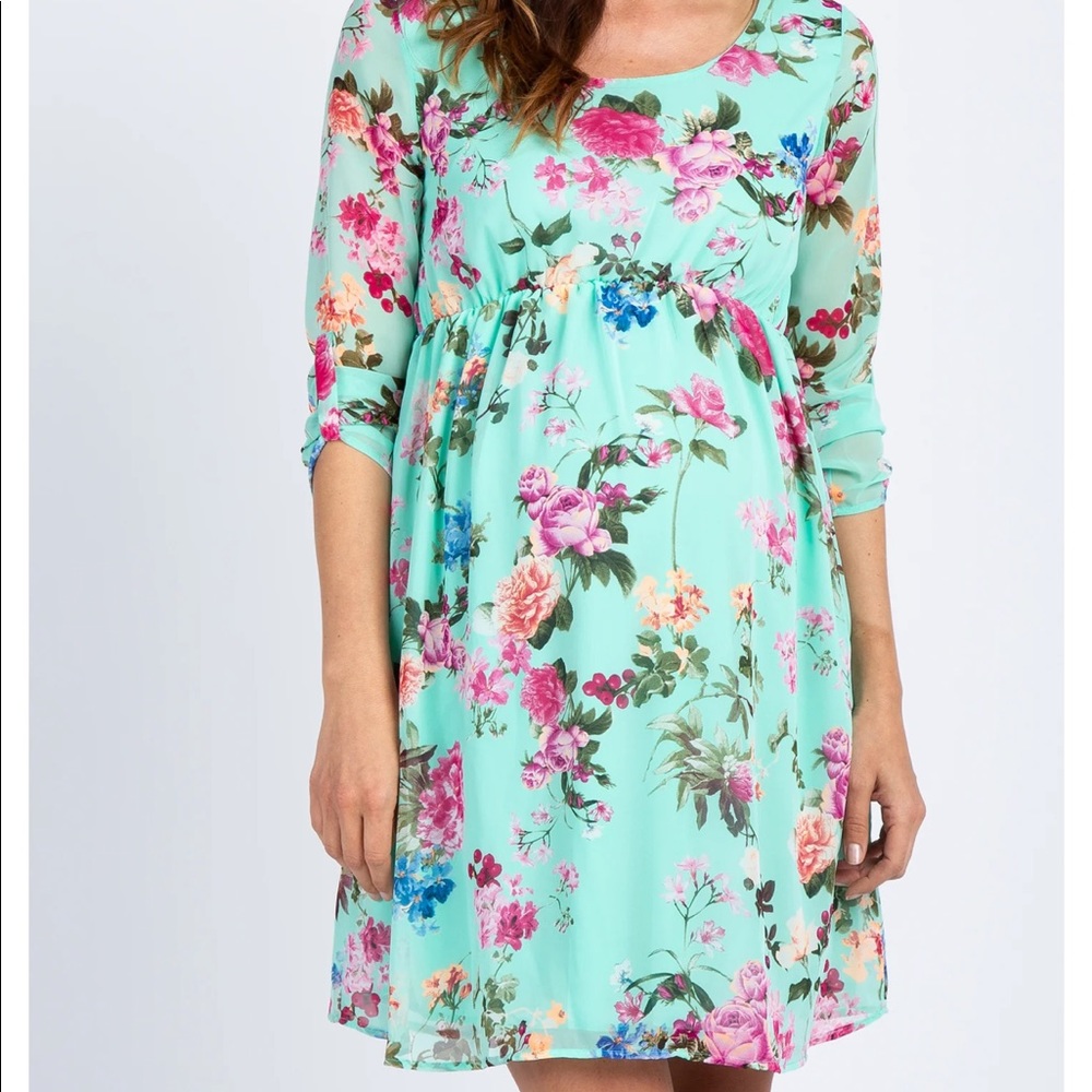 PinkBlush Mint Floral Chiffon Maternity Dress 1XL Baby Shower Maternity Photos